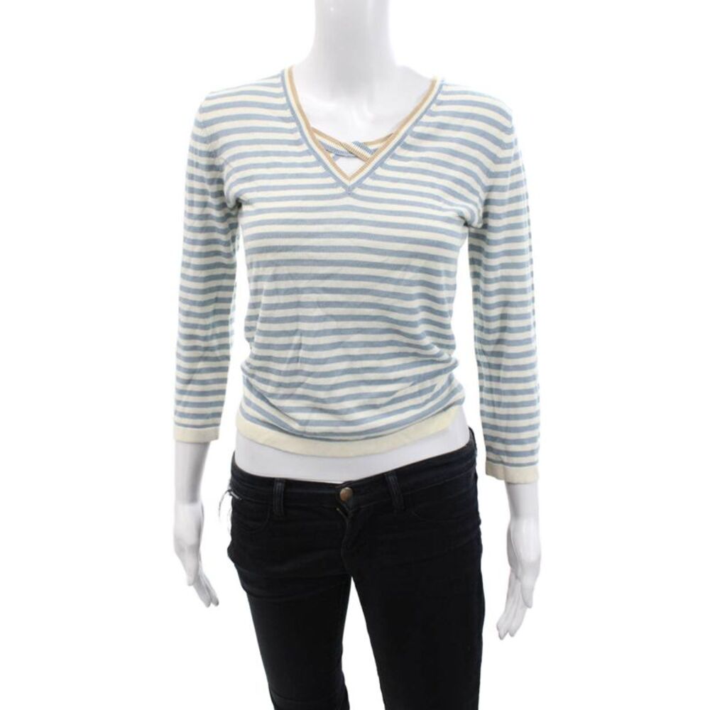 BCBG Max Azria Womens Cotton V-Neck Knit Long Sleeve Striped Top Blue Size S